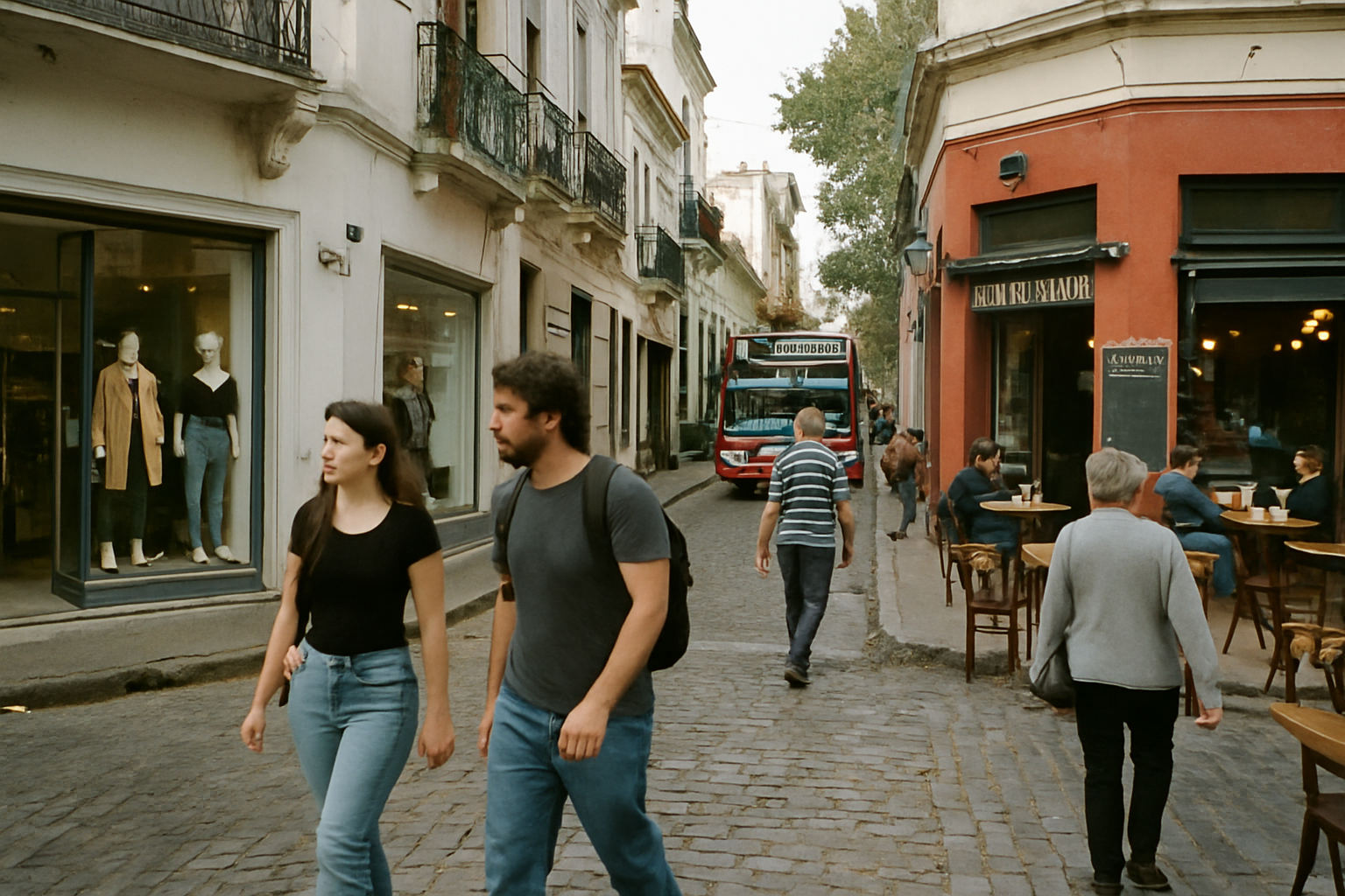 Gente caminando por una calle empedrada en un barrio de Buenos Aires