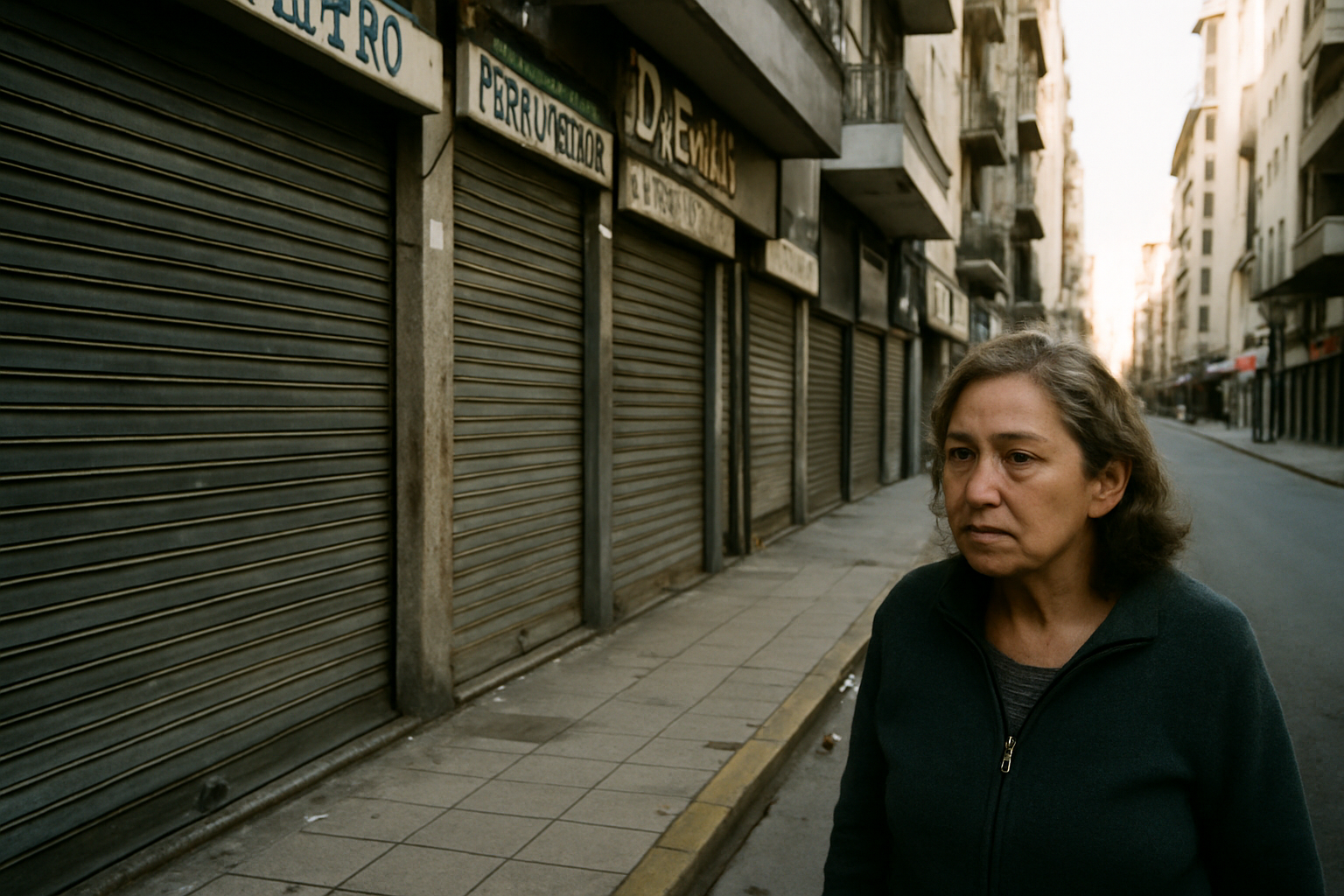 Comercios cerrados en una calle de Buenos Aires bajo la luz de la tarde.