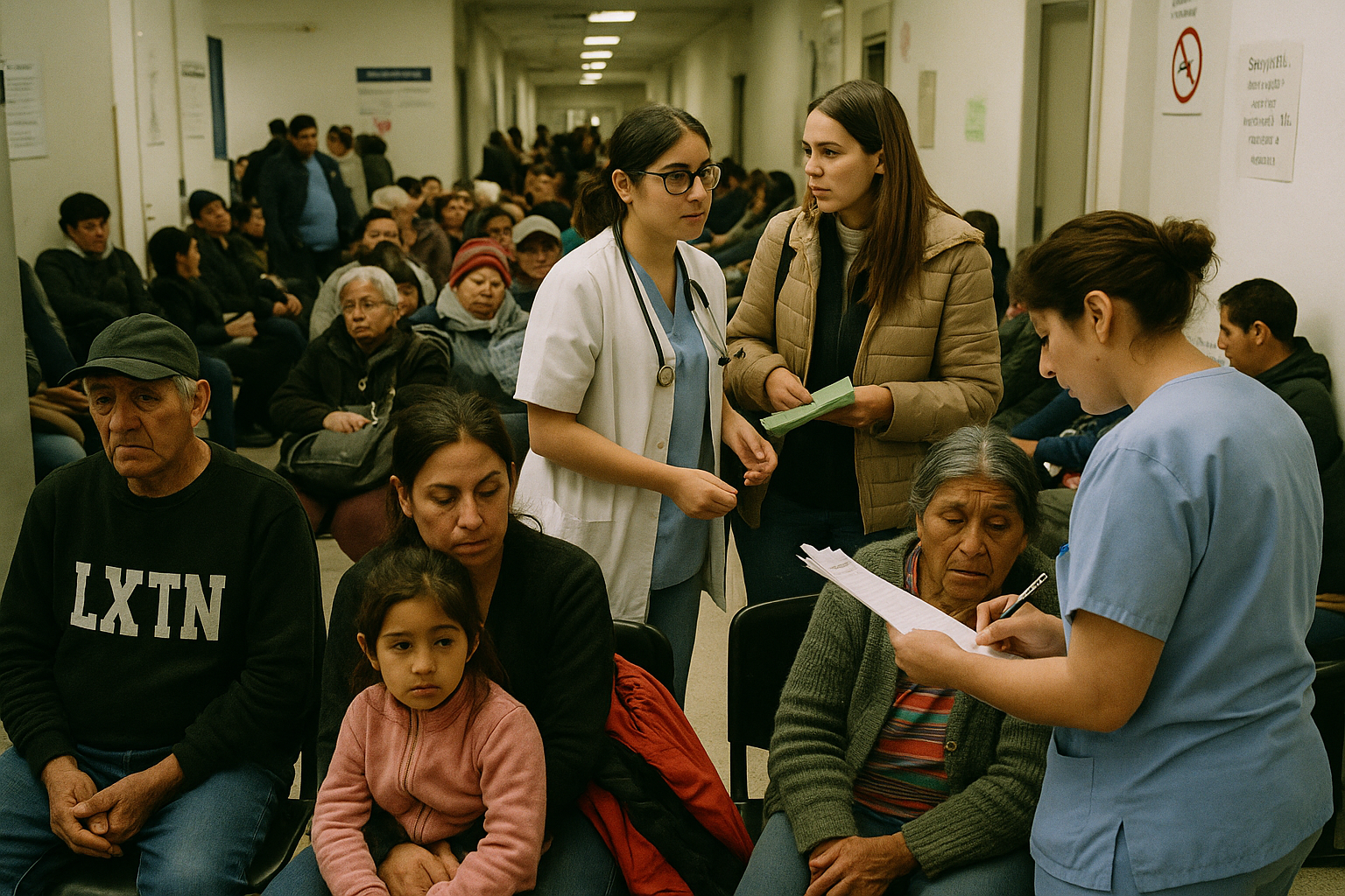 Sala de espera en un hospital público de Buenos Aires con pacientes y personal médico.