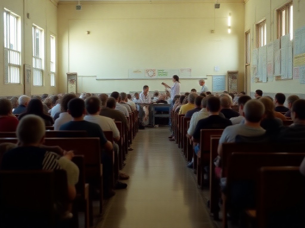 Sala de espera de un hospital público con pacientes y una enfermera revisando expedientes