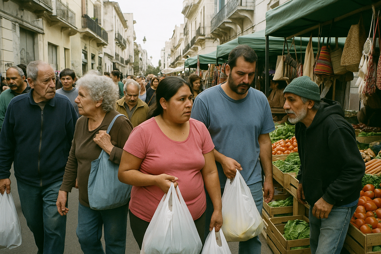 Un mercado callejero en Buenos Aires con vendedores y familias comprando.