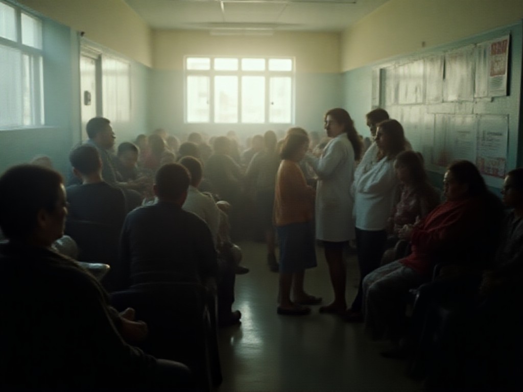 Sala de espera de hospital público con pacientes y personal sanitario bajo luz tenue