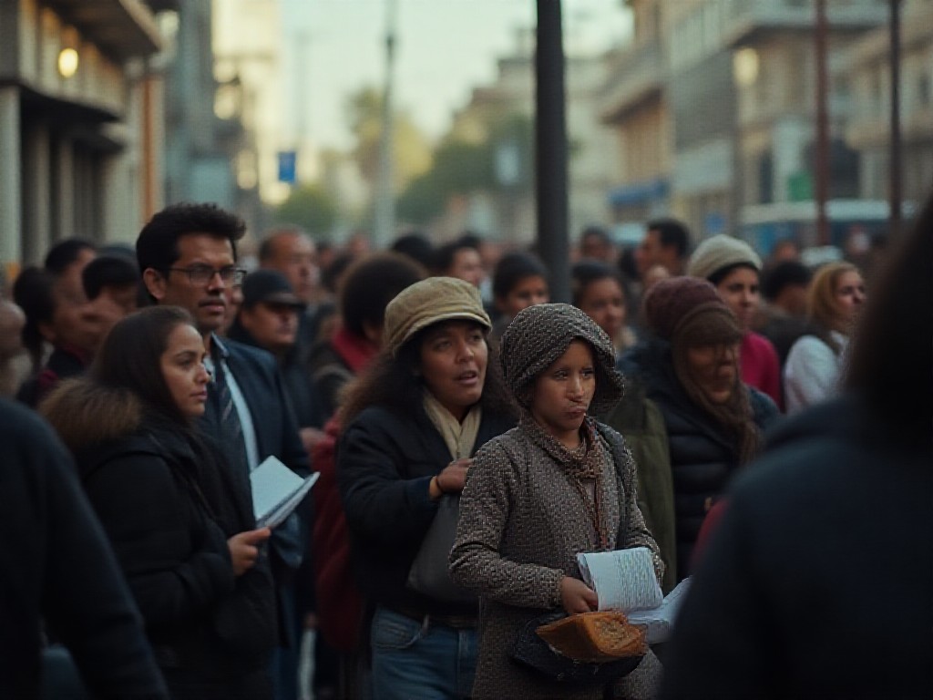 Familias en fila frente a una sucursal bancaria, con papeles y efectivo bajo luz tenue