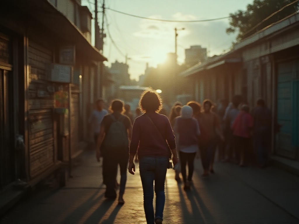 Calle de barrio con peatones, colectivo y comercio local bajo luz de día