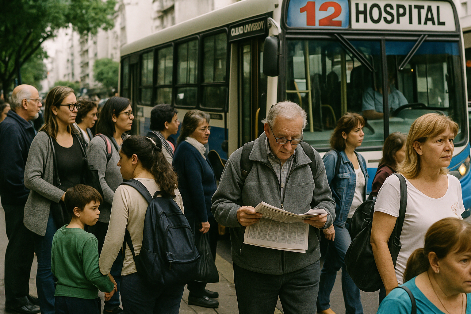 Personas esperando el colectivo en una calle de Buenos Aires.