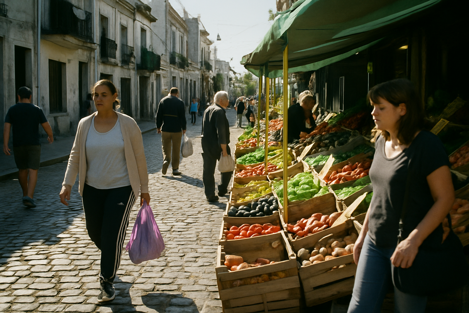 Personas caminan y compran en un mercado de frutas y verduras en un barrio popular