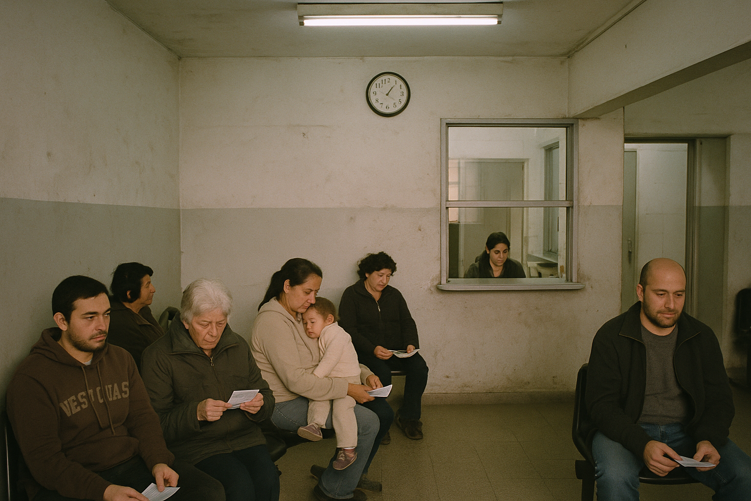 Personas mayores y familias esperan turno sentadas en la sala de una clínica pública argentina.