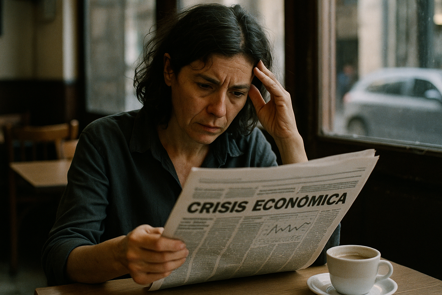 Mujer leyendo un diario en un café de Buenos Aires