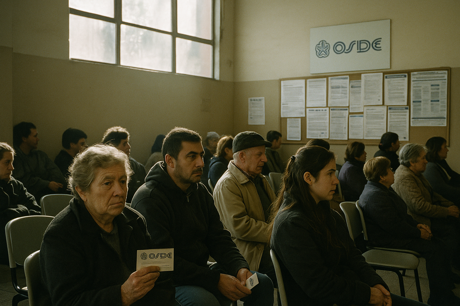 Pacientes de distintas edades esperan en una clínica pública con tarjetas de OSDE bajo luz tenue
