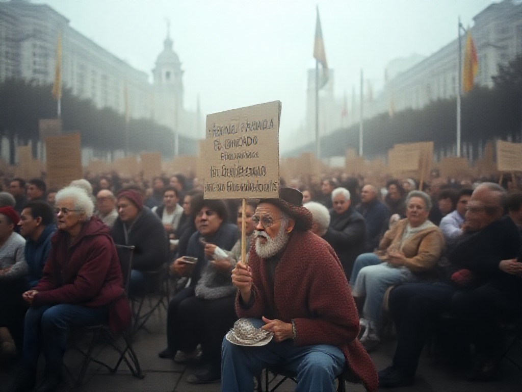 Jubilados y trabajadores estatales se concentran en Plaza de Mayo con banderas sindicales y carteles caseros bajo cielo nublado