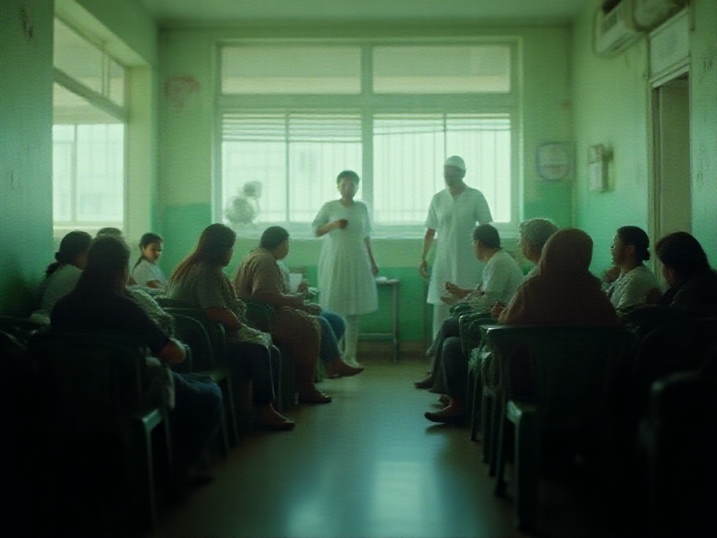 Sala de espera de hospital público con pacientes sentados frente a ventana con persianas