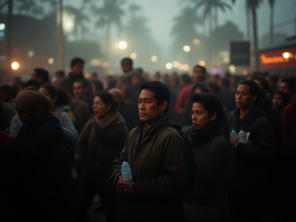 Trabajadores en fila esperando el colectivo en una parada de Buenos Aires al atardecer