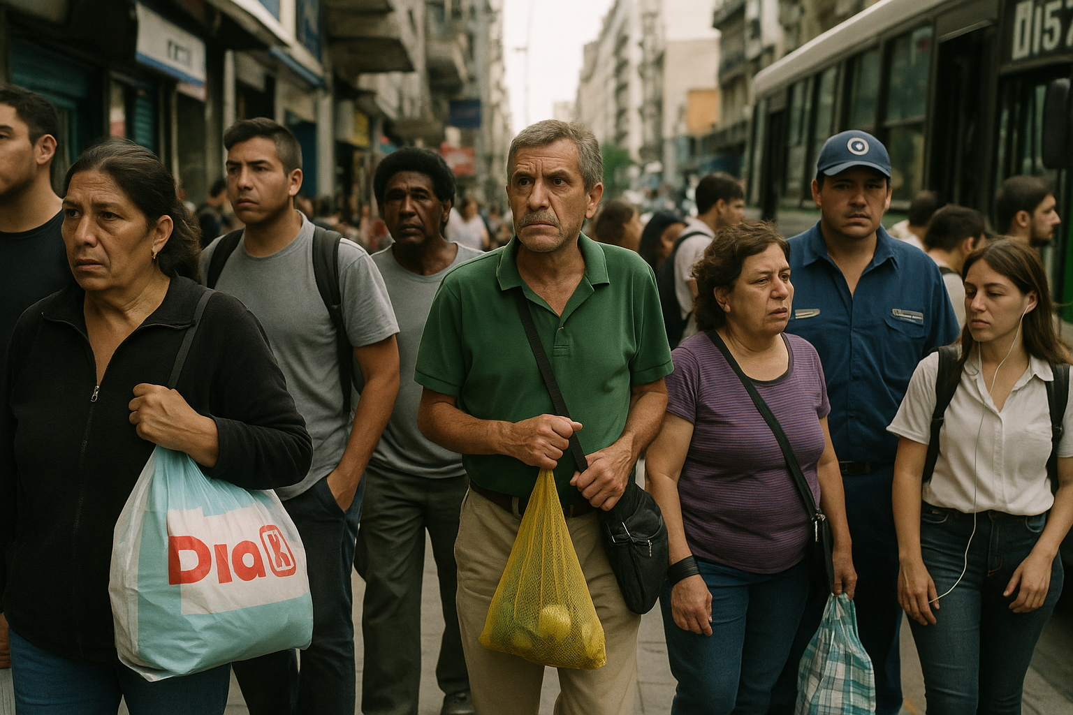 Personas esperando el colectivo en una calle de Buenos Aires, reflejando la vida cotidiana.