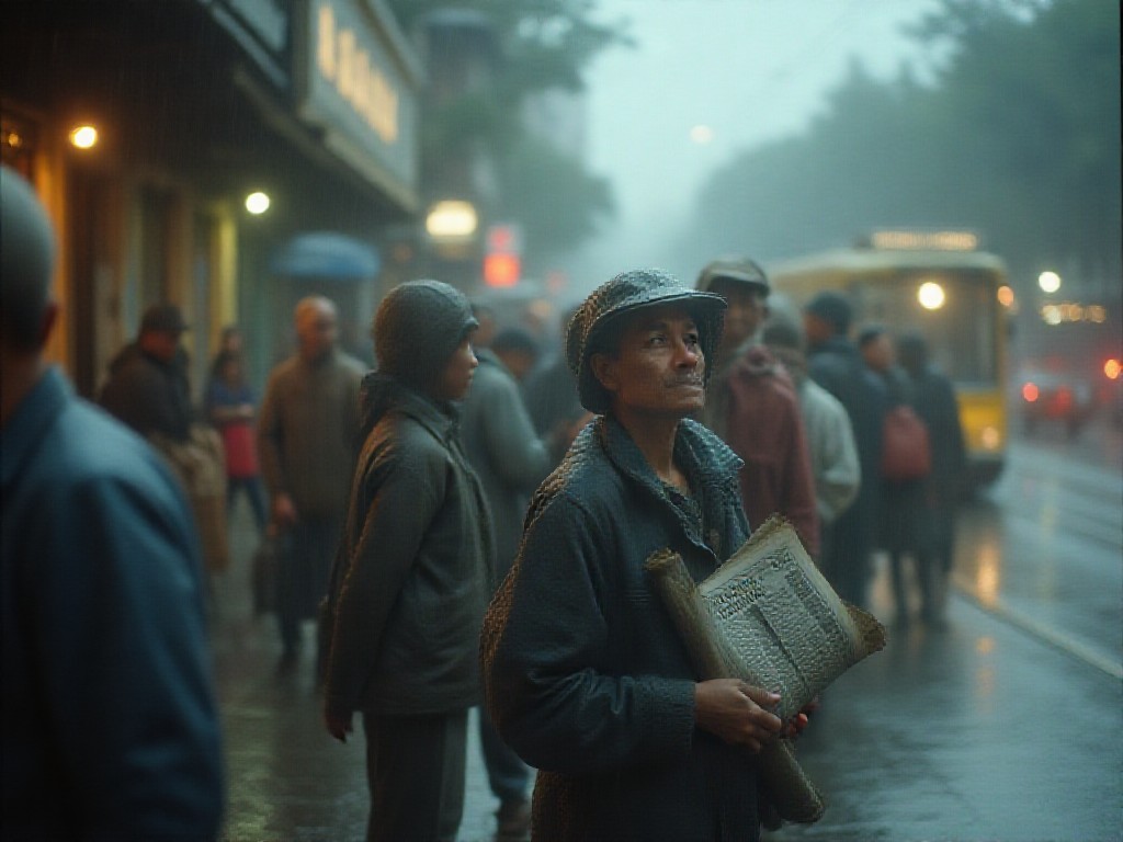 Trabajadores y estudiantes esperando el colectivo en una parada de Buenos Aires al amanecer