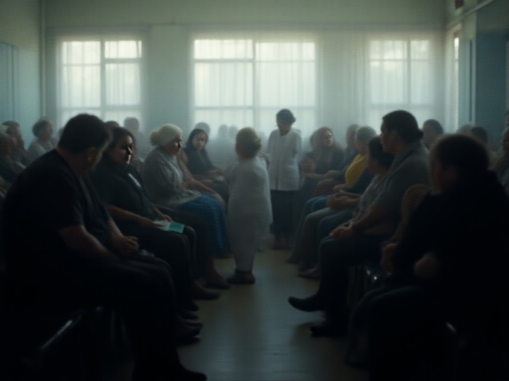 Sala de espera de un centro de salud público con pacientes de todas las edades