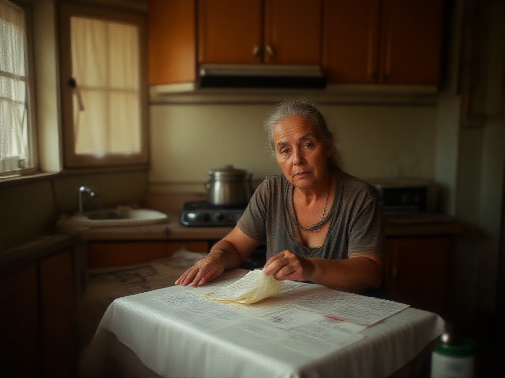 Mujer revisa boletas y ticket de supermercado en la mesa de una cocina modesta