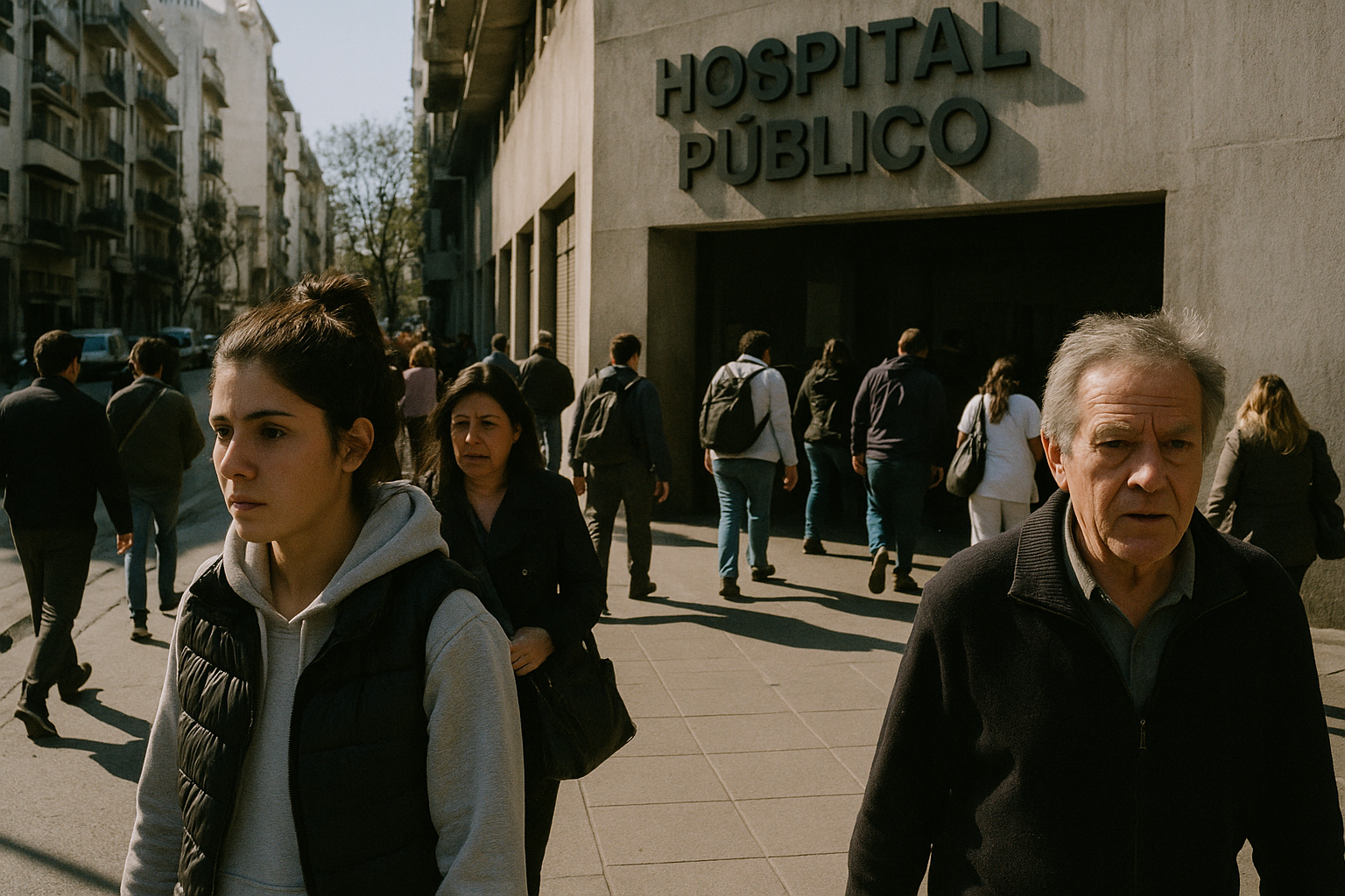 Personas caminando hacia un hospital público en Buenos Aires