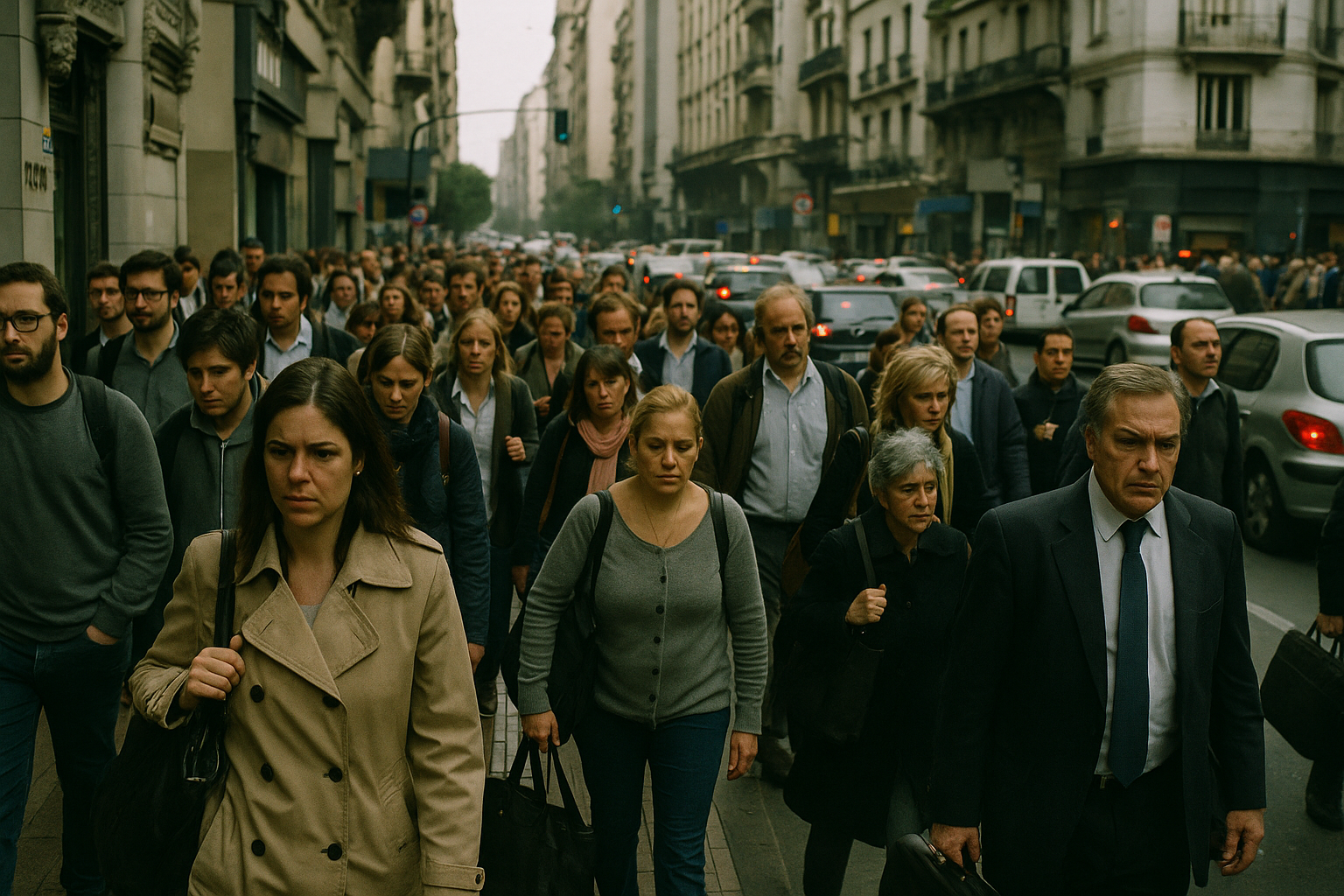 Personas en una calle de Buenos Aires en hora pico, yendo al trabajo.