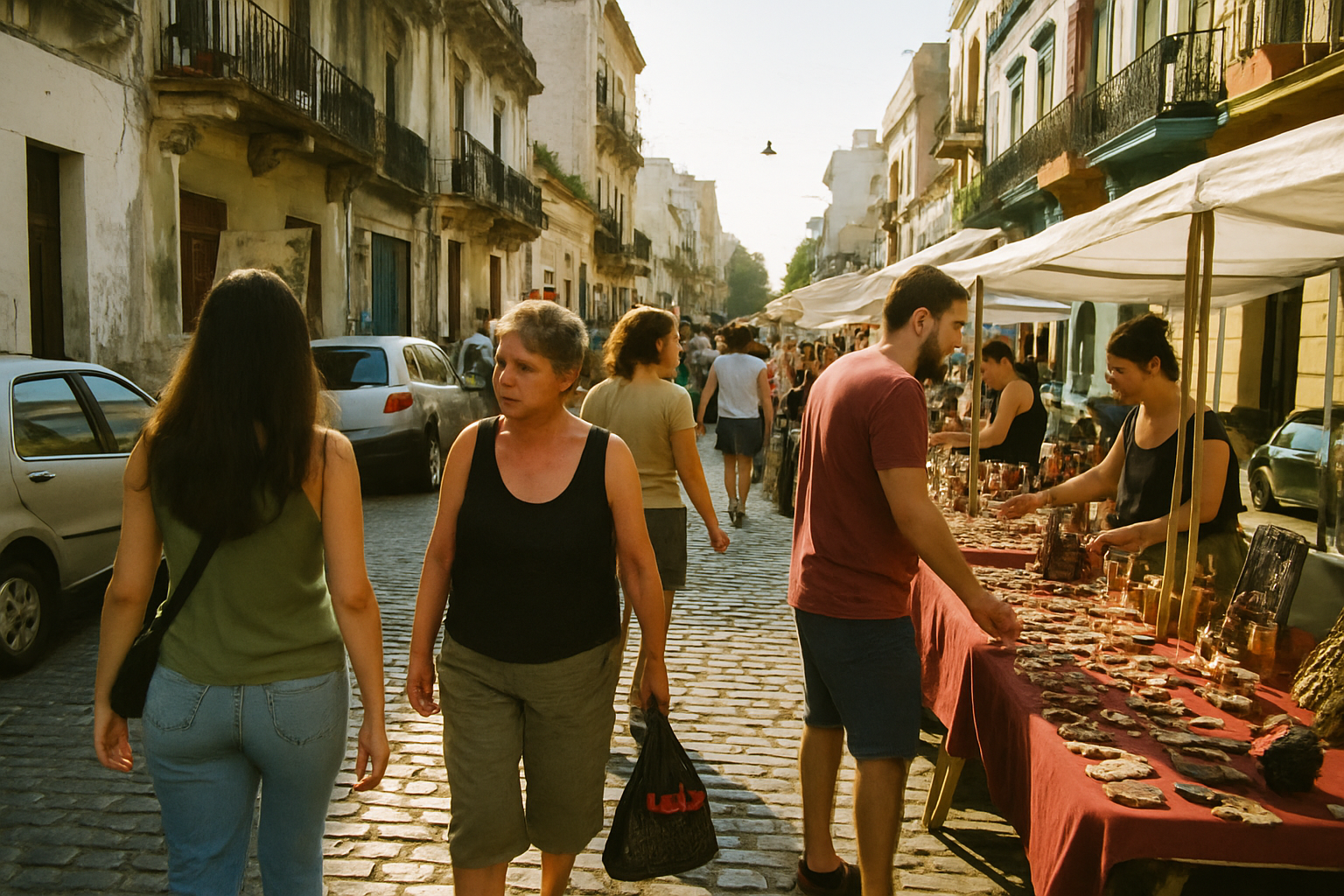 Gente caminando y comprando en una feria de artesanías en un barrio popular