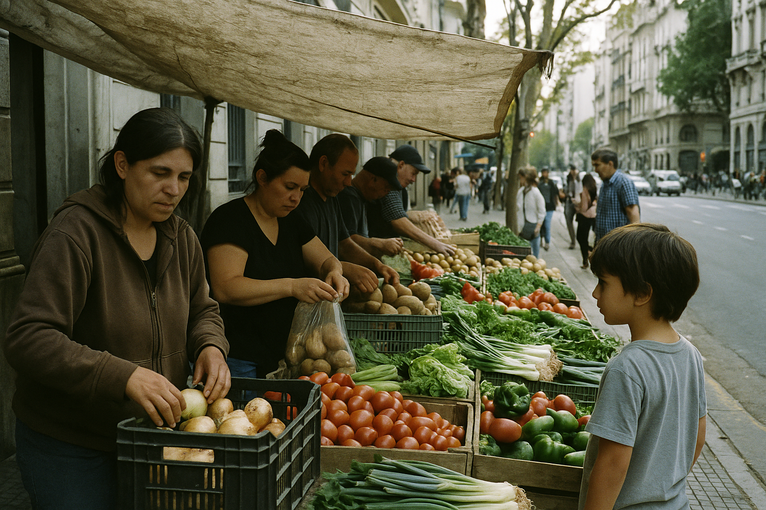 Vendedores informales de frutas en una calle de Buenos Aires bajo una lona